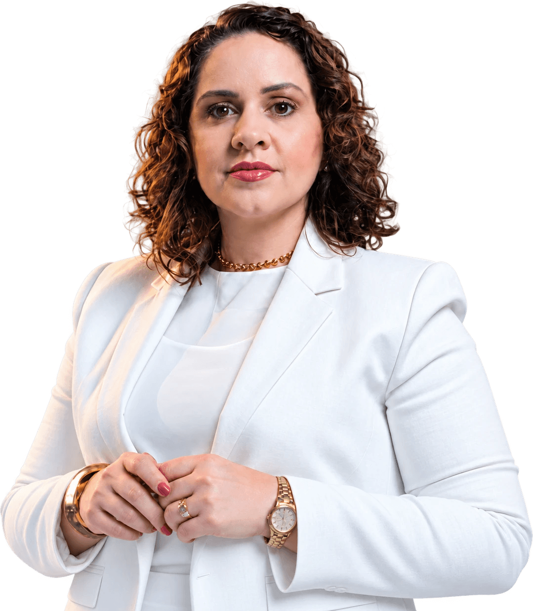 Camila Mota Figueiredo, de blazer branco